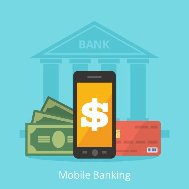 mobil bankacılık, Bina, banka kartı, para bir düz stil bir çizimde