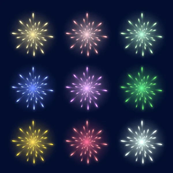 Ensemble de feux d'artifice de festival multicolores sur un fond sombre pour une utilisation dans votre conception . — Image vectorielle