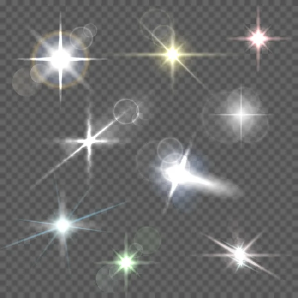 Lente realista brilla luces de estrellas y elementos blancos brillantes en la ilustración de vectores de fondo transparente — Vector de stock