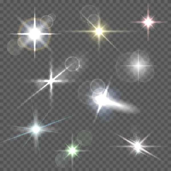 Realistische lens flares sterrenlichten en gloeiende witte elementen op transparante achtergrond vector illustratie — Stockvector