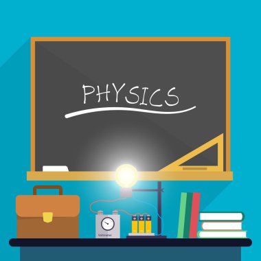 workplace physics teacher with a briefcase, bulb and battery on a background of the school board. clipart