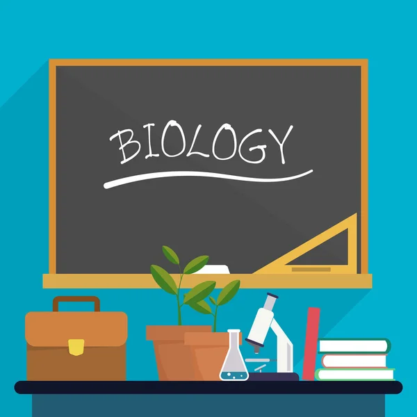 Escritorio del profesor de biología con un microscopio y portafolio de plantas y libros de texto en el fondo de la junta escolar . — Vector de stock