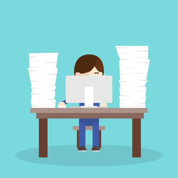 Πολλή δουλειά. εργαζόμενος που κάθεται σε ένα γραφείο με έναν υπολογιστή και μια δέσμη των εγγράφων. — Διανυσματικό Αρχείο