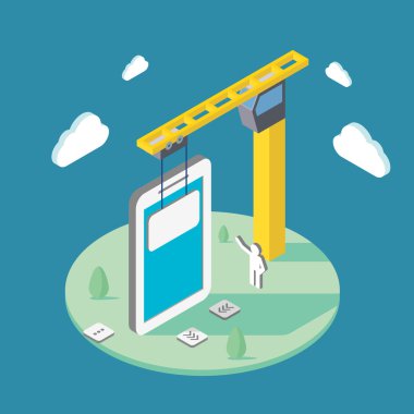 bir vinç yardımıyla mobil uygulamaları oluşturma. İzometrik çizimde.