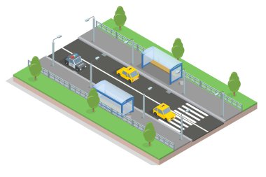 Beyaz arka plan üzerinde 3D izometrik göl kenarında. yol otobüs durağı ve makineleri, çim ve ağaçların, yaya geçidi ve lampposts streç.