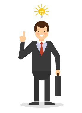 Yeni bir fikir ile iş adamı. Beyaz arka plan üzerinde izole. evrak çantası ile memur. düşünme sürecinin görüntüsü. yaratıcı tasarım için düz izole illüstrasyon.