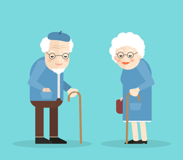 Счастливые старик и женщина в очках и с тростью. Изолированный на синем фоне. Плоская иллюстрация. Eps 10
.