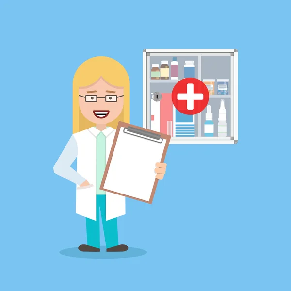 Nurse with blank background on first-aid kit. Flat illustration — Stock Vector