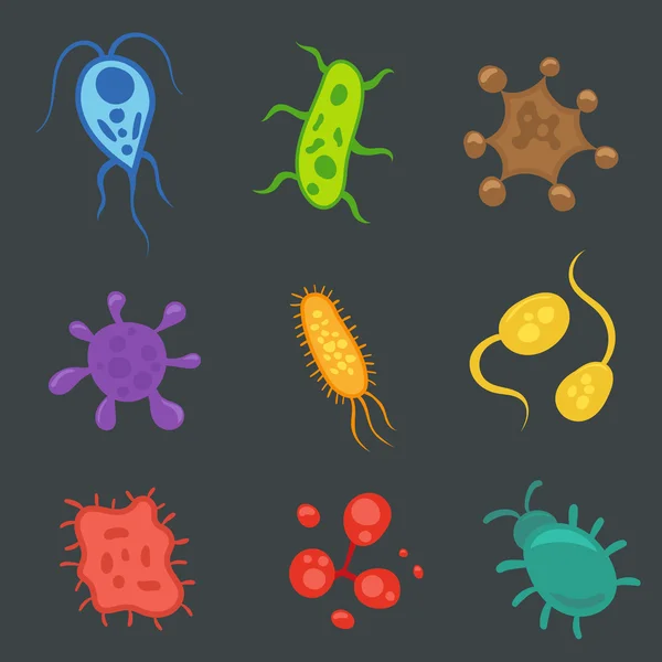 Impostare virus e batteri. organismi microscopici. isolato su sfondo scuro — Vettoriale Stock