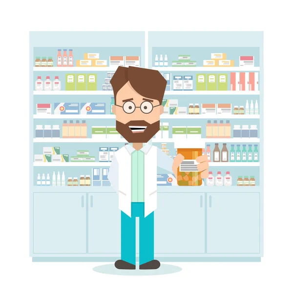Lächelnder Apotheker in der Apotheke. Regale mit Medikamenten. flache isolierte Abbildung — Stockvektor