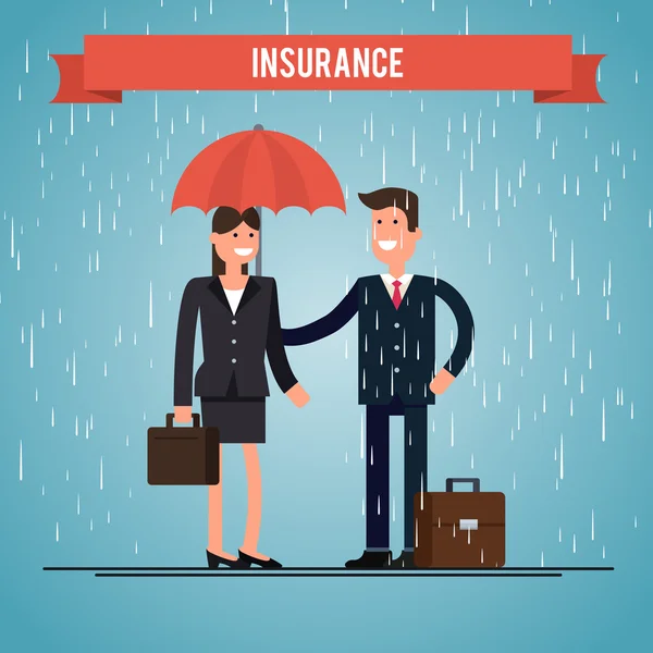 Insurance agent. protects the woman from rain. — Stock Vector