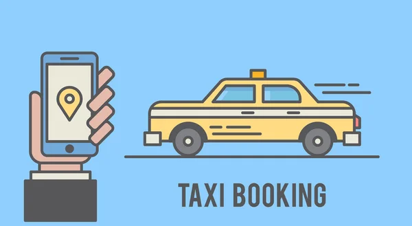 Reserva de taxis con interfaz de teléfono móvil. Ilustración de línea plana — Archivo Imágenes Vectoriales