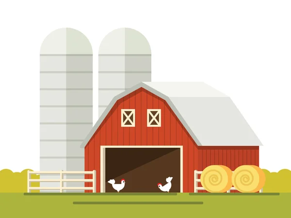 Fazenda e celeiro para armazenar grãos em um estilo plano. pilha de feno . —  Vetores de Stock