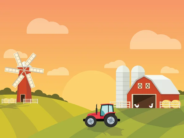 Granja con un molino y tractor en las verdes colinas . — Vector de stock