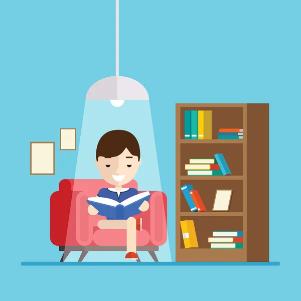 Çocuk kanepede otururken bir kitap okur — Stok Vektör