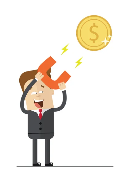 Šťastný podnikatel s magnetem přilákat peníze. Ilustrace izolované na bílém pozadí. Bitovou kopii — Stockový vektor