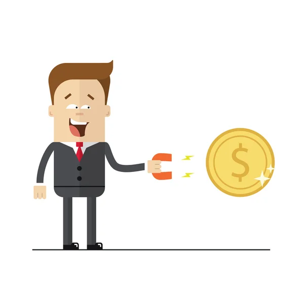 Boldog üzletember mágnesként vonzza a pénzt. Elszigetelt fehér háttér illusztráció. Simított kép — Stock Vector