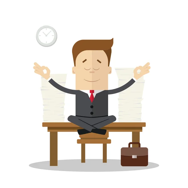 Dibujos animados hombre de negocios o gerente meditando haciendo yoga en el lugar de trabajo. Fondo blanco aislado . — Vector de stock