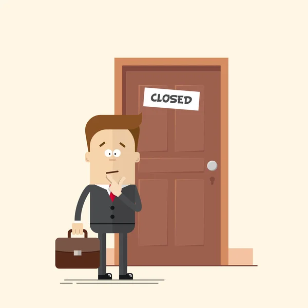 Zamyšlený podnikatel nebo manažer stojící před zavřenými dveřmi. muž s kufrem v podnikání oblek kravata. v zmatku. Kreslený ploché vektorové ilustrace v moderním stylu. — Stockový vektor
