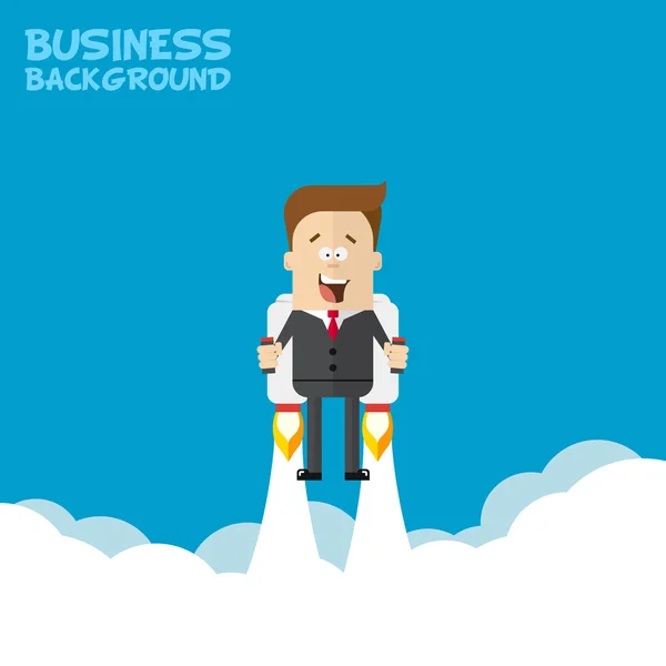 Zufriedene Geschäftsleute oder Manager, die mit Jetpacks zu seinem Ziel fliegen. über den Wolken. Startup-Illustration. erfolgreiche Menschen im Business-Anzug. Vektor im Cartoon-Stil flach. — Stockvektor