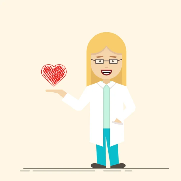 Γυναίκα γιατρό ή νοσοκόμα με την καρδιά της στο χέρι. Ιατρικό εργαζόμενο με γυαλιά και μια μπλούζα εργασίας. Ευτυχισμένος κινουμένων σχεδίων γίνεται σε μια επίπεδη στυλ. Απομονωμένοι σε ένα μπεζ φόντο. — Διανυσματικό Αρχείο