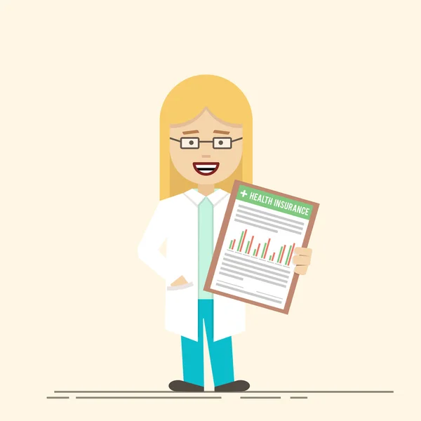 Female doctor or nurse with a clipboard in his hands. The woman in glasses and work clothes . Happy vector character in a cartoon flat style. — Stock Vector