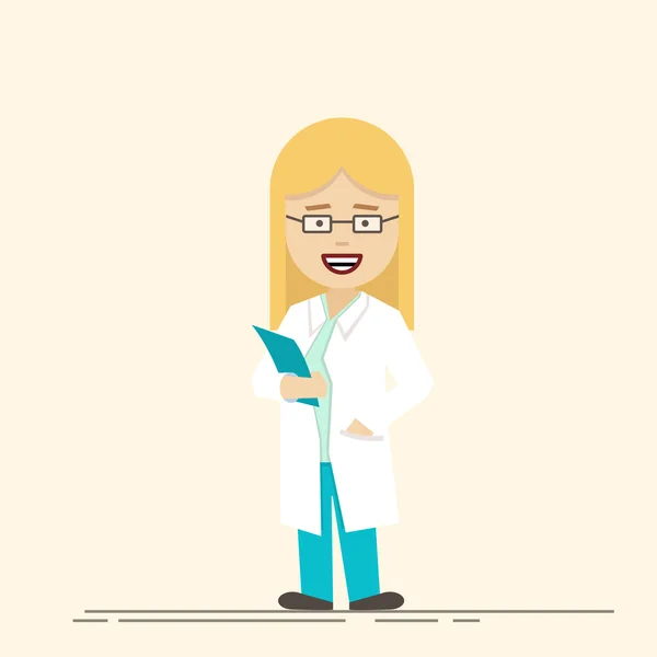 Cartoon female doctor or nurse with documents in hand isolated on a beige background. Medical worker in a robe. Character with glasses in a flat style. — Stock Vector