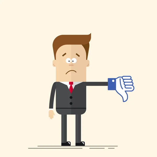 Sad businessman or manager shows a sign Thumb Down blue color. Dislike icon. man in business suit and tie. Comic hand. Vector in flat, cartoon style. — Stock Vector