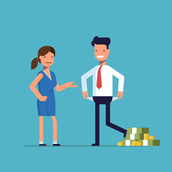 Man cheating woman. Businessman with lots of money evades payment. Financial fraud. Greedy man in trousers and shirt. False bankruptcy. Vector illustration in flat style isolated on a blue background.