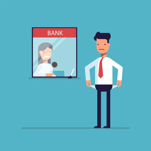 İşadamı para olmadan kredi, banka borç ödemek için bir şey yok. Adam para ödemek değil. Bir adam zor bir finansal durumda. Bankacılık sistemi. Düz bir stil vektör çizim.