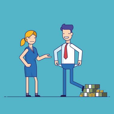 Man cheating woman. Businessman with lots of money evades payment. Financial fraud. Greedy man in trousers and shirt. False bankruptcy. Thin line vector illustration in flat style. clipart