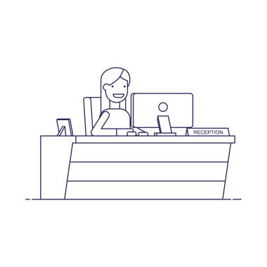 Resepsiyonda bir bilgisayar oturan Sekreter gülümseyerek. Mutlu müşteriler işyerinde kadın bekler. İnce çizgi vektör karakter düz stil üzerinde mavi arka plan izole.
