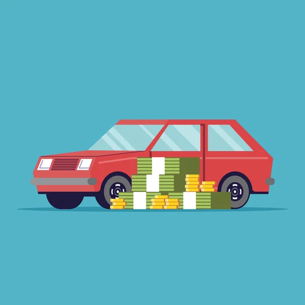 The poster of the car sale. A lot of money next to the machine. Red vehicle. Paper and metal money. Vector image in a flat style, isolated on a blue background. — Stock Vector