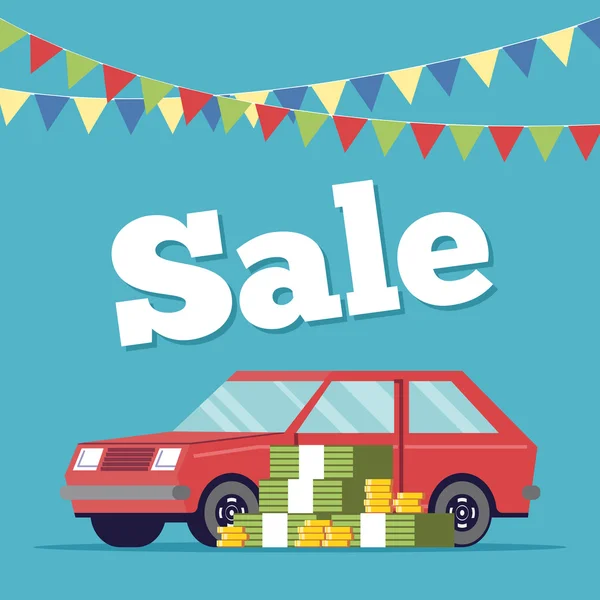 Promotional poster selling cars in the showroom executed in flat style. Money is next to the machine. Sale of new and vehicles. Discount on the purchase of a personal vehicle. — Stock Vector