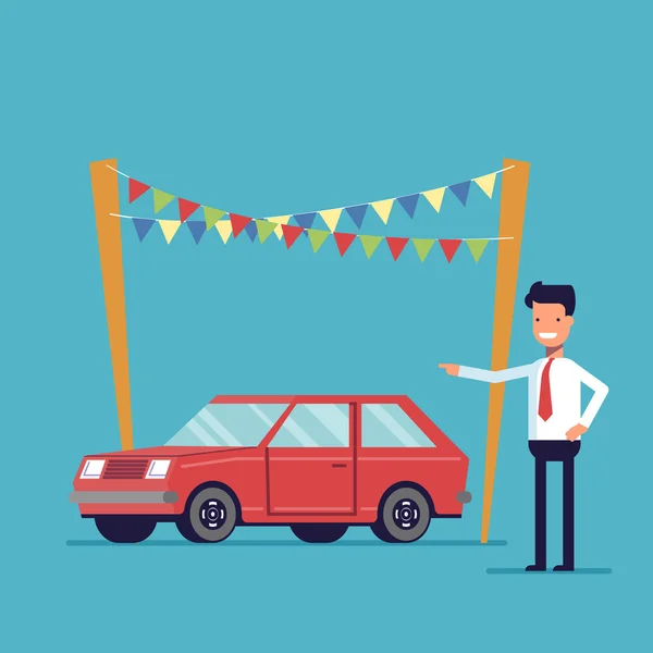 Lachende dealer biedt om de auto te kopen. Verkoop van nieuwe en tweedehandse voertuigen. Gelukkig man in een overhemd en stropdas. Vlakke afbeelding Vector geïsoleerd op een blauwe achtergrond. — Stockvector