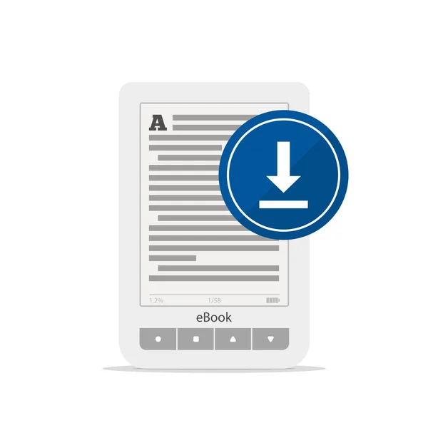 EBook ou tablet e botão de upload isolado no fundo branco. Um dispositivo portátil para leitura. Ícone para baixar o texto para o tablet. Ilustração vetorial . — Vetor de Stock