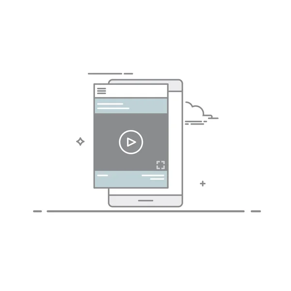 Video design concept player ou tutorial na interface do dispositivo móvel, projetado em um estilo linear. Ilustração vetorial de um traço escuro isolado sobre fundo branco . —  Vetores de Stock