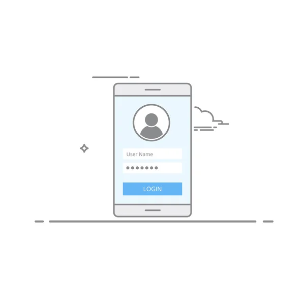 Concept tela de login de design de interface no seu dispositivo móvel. Registre-se ou faça login no aplicativo. Ícone do usuário. Ilustração de um traço escuro realizado em estilo linear isolado sobre fundo branco . — Vetor de Stock