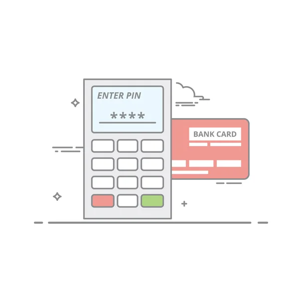 Concept of payment by credit card through the terminal. An electronic device with buttons and the screen for receiving payments. Request a PIN code. Vector isolated illustration in a linear style. — Stock Vector