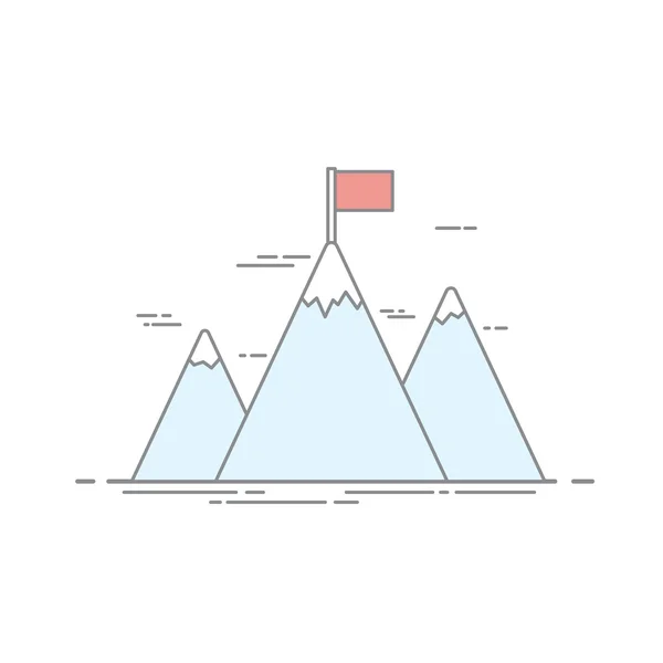 성과의 개념입니다. 높은 산 위에 붉은 깃발의 이미지. 난 공 불 락의 높이입니다. 흰색 배경에 고립 된 선형 스타일에서 벡터 일러스트 레이 션. — 스톡 벡터