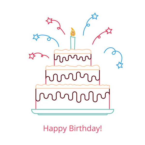 Concepto de un gran pastel de cumpleaños con una vela y dulces con las palabras feliz cumpleaños. Ilustración vectorial en un estilo lineal aislado sobre fondo blanco . — Vector de stock