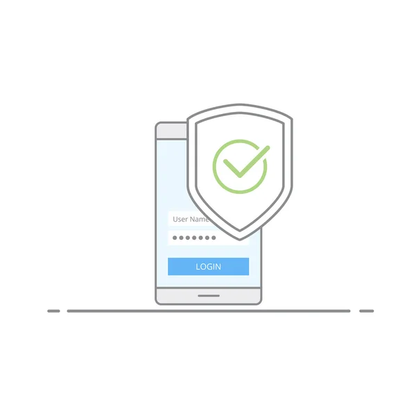 Mobiele veiligheidsconcept. Afbeelding van het schild met een groen vinkje op de achtergrond van de telefoon. Bescherming tegen virussen en malware. Vectorillustratie in lineaire stijl geïsoleerd op witte achtergrond. — Stockvector