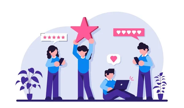 Valutazione delle recensioni dei clienti. La gente tiene le stelle, dando feedback a cinque stelle. Feedback dei consumatori, valutazione dei clienti. Illustrazione piatta moderna. — Vettoriale Stock