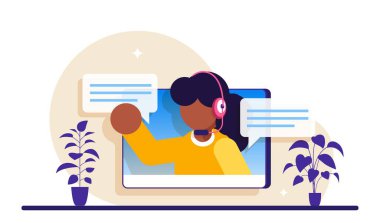 İnternetteki görüntülü konuşma. İnternet sohbeti, arama teknolojisi. Konuşan kadın ve mesajları olan video oynatıcı penceresi. Modern düz ilüstrasyon.