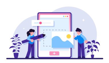 Web tasarım konsepti. Web tasarımı, Kullanıcı Arayüzü UI ve Kullanıcı Deneyimi UX içerik organizasyonu. Tasarımcılar tasarım üzerinde çalışıyorlar. Modern düz resimleme.