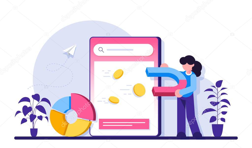 Contextual advertsing online service or platform. Woman with a magnet attracts coins. Marketing campaign and social network advertising. Modern flat illustration.