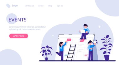 Etkinlik web sitesi kavramı. Şirket etkinlikleri. Olay takvimi. Bilgilendirme, web sitesi menü barı, UI elemanı, iş toplantısı, ticari sergi. Modern düz resimleme.