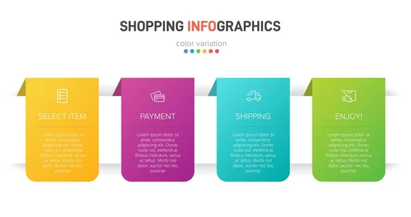 Begreppet shopping process med 4 på varandra följande steg. Fyra färgstarka grafiska element. Tidslinje design för broschyr, presentation, hemsida. Infografisk utformning. — Stock vektor