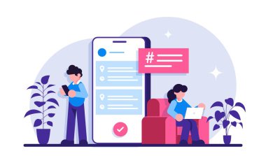 İş başvuruları. İş süreçlerini yönetmek için mobil uygulama. Kadın ve erkek cep telefonu kullanıyor. Modern düz resimleme.