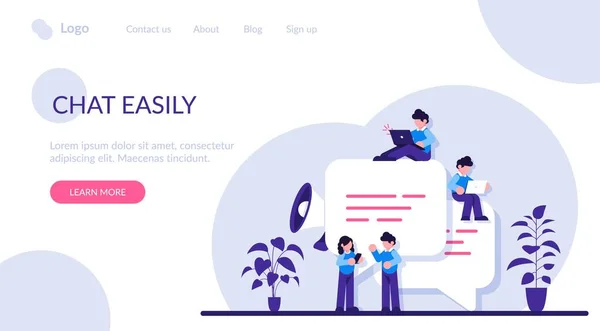 チャットしやすい。コメントや返信のためのスピーチバブル。小さな人々がオンラインでチャット。男と女のチャットの大きなシンボルに座っている。現代の平面図. — ストックベクタ